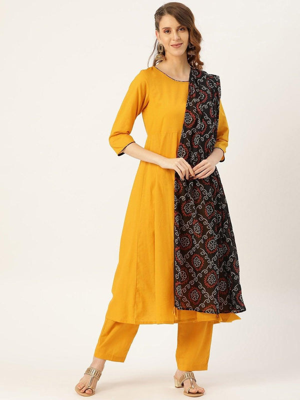 Women's Mustard Kurta Pants & Black Bandhej Dupatta - SHAE - Indiakreations