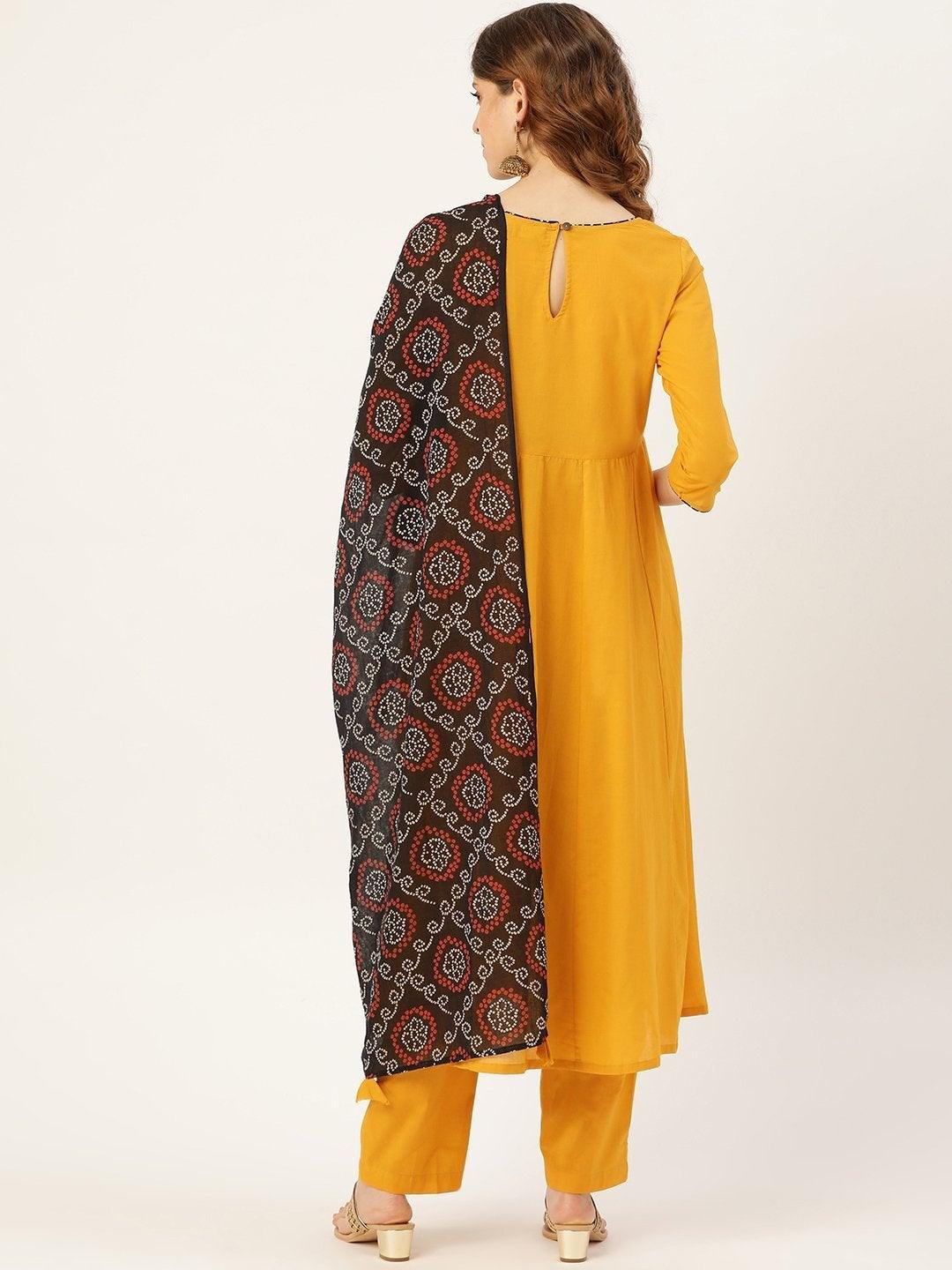 Women's Mustard Kurta Pants & Black Bandhej Dupatta - SHAE - Indiakreations