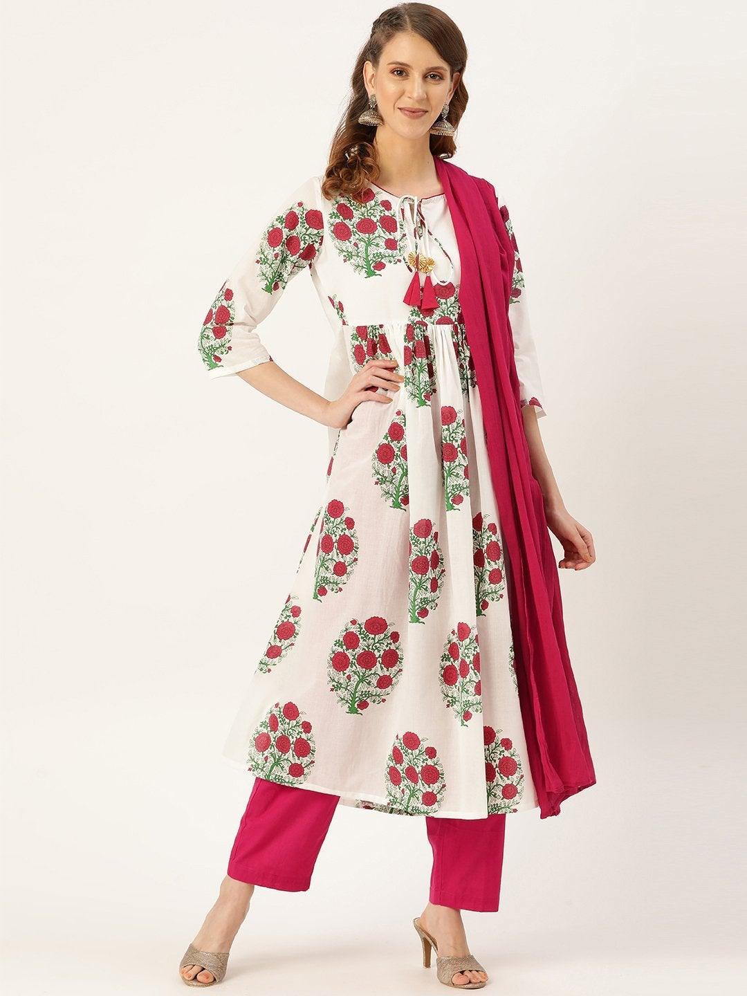 Women's Magenta Floral Kurta With Pants & Magenta Crinkled Dupatta - SHAE - Indiakreations