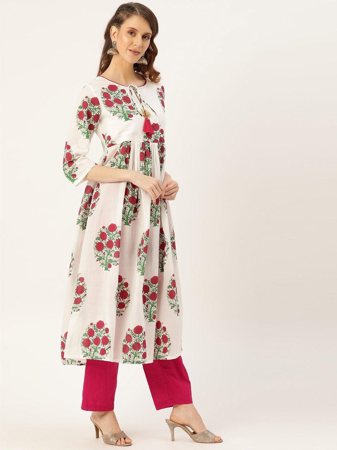 Women's Magenta Floral Kurta With Pants & Magenta Crinkled Dupatta - SHAE - Indiakreations