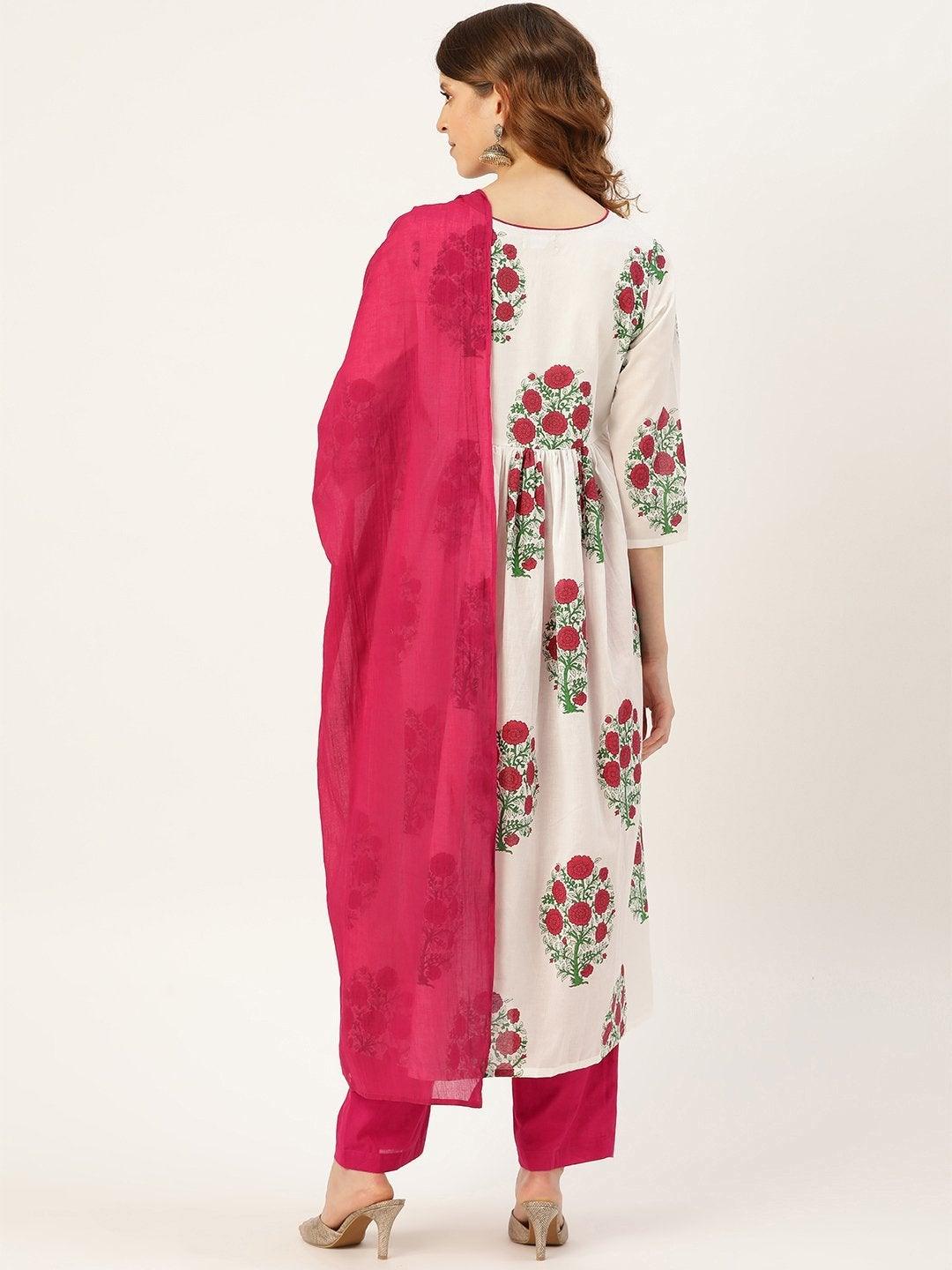 Women's Magenta Floral Kurta With Pants & Magenta Crinkled Dupatta - SHAE - Indiakreations