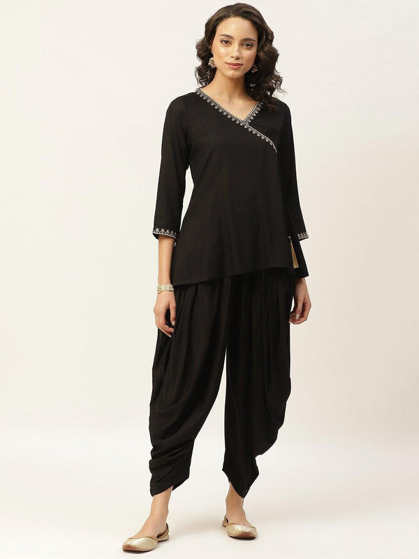 Women's Black Zari Emb Angrakha Top With Dhoti Pants - SHAE - Indiakreations