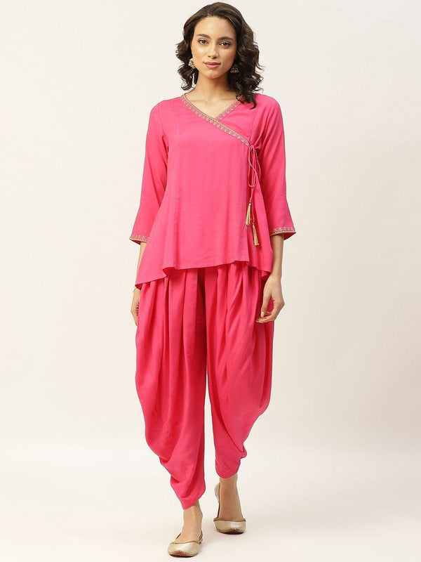 Women's Fuchsia Zari Emb Angrakha Top With Dhoti Pants - SHAE - Indiakreations