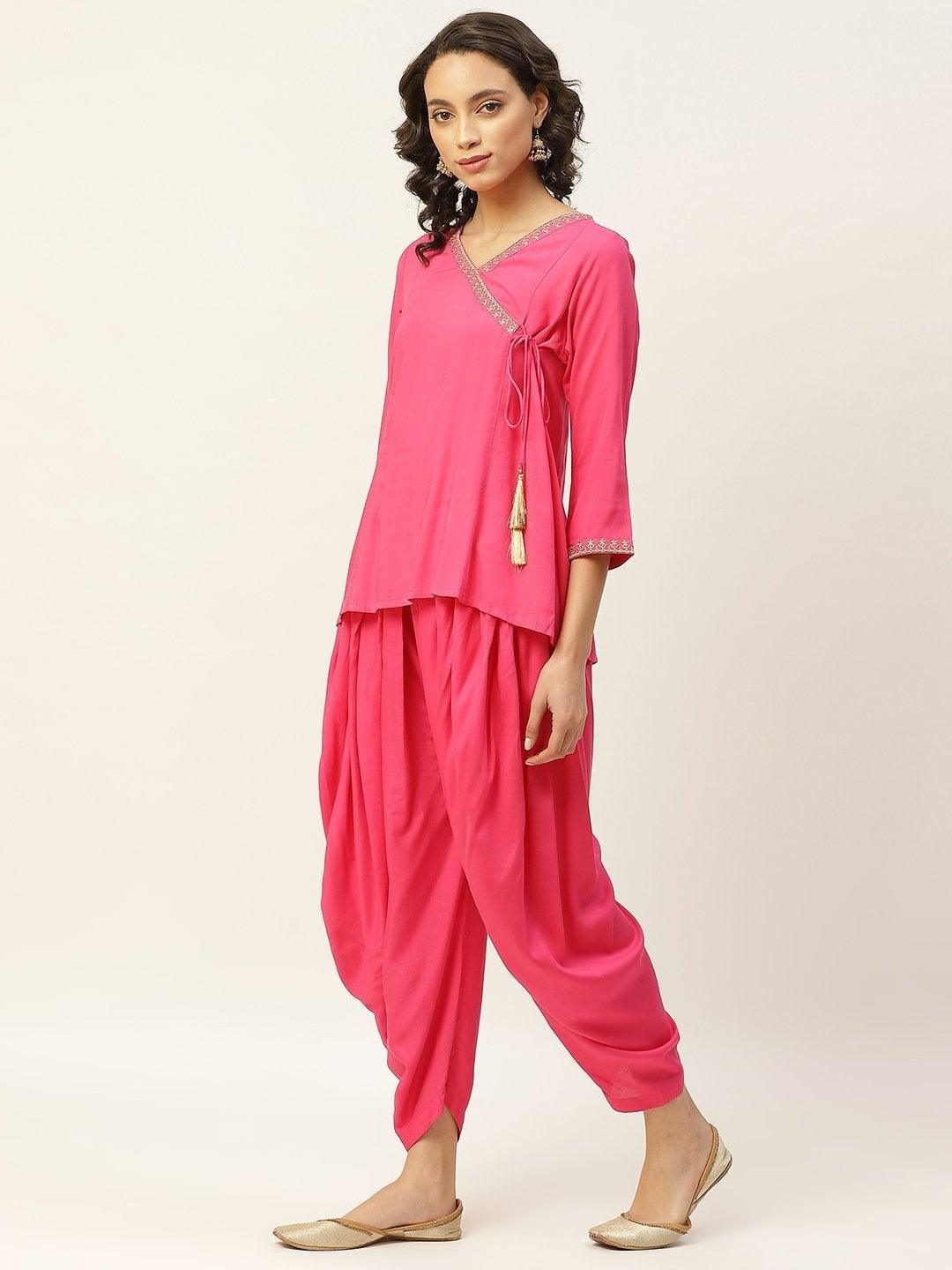 Women's Fuchsia Zari Emb Angrakha Top With Dhoti Pants - SHAE - Indiakreations