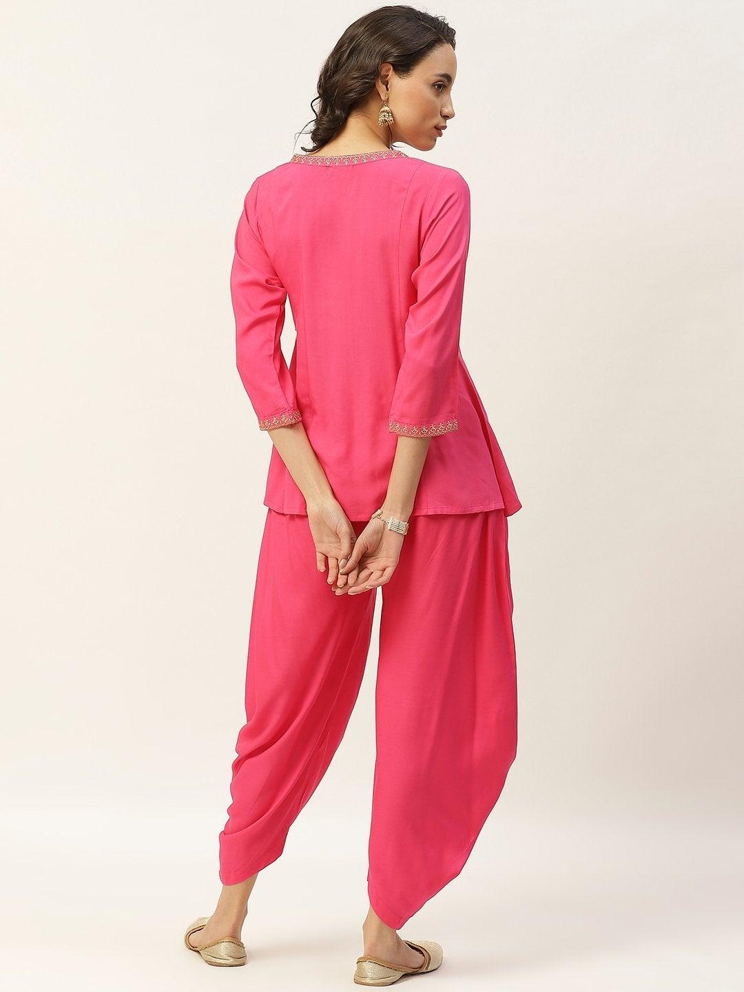 Women's Fuchsia Zari Emb Angrakha Top With Dhoti Pants - SHAE - Indiakreations