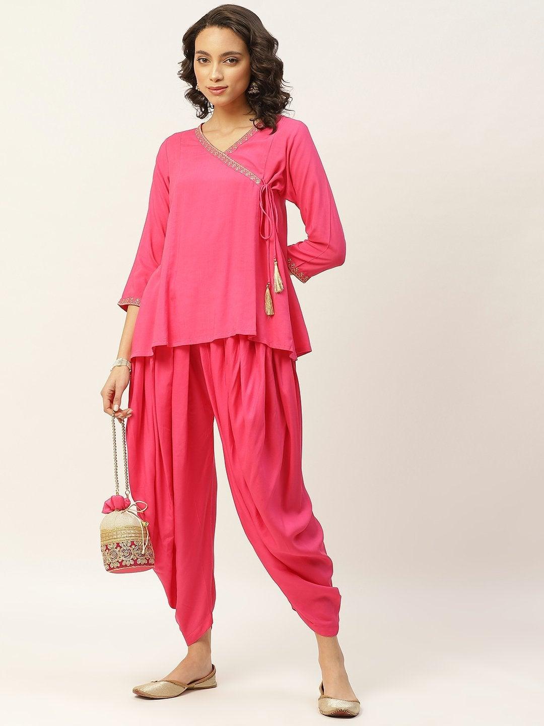 Women's Fuchsia Zari Emb Angrakha Top With Dhoti Pants - SHAE - Indiakreations