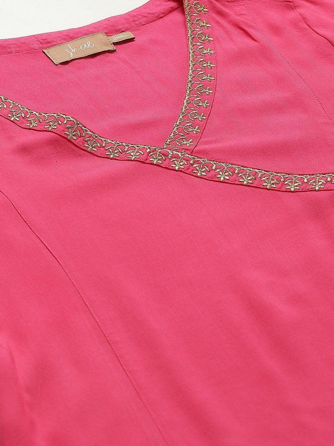 Women's Fuchsia Zari Emb Angrakha Top With Dhoti Pants - SHAE - Indiakreations