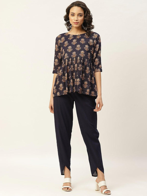 Women's Navy Lurex Floral Peplum Top With Tulip Pants - SHAE - Indiakreations