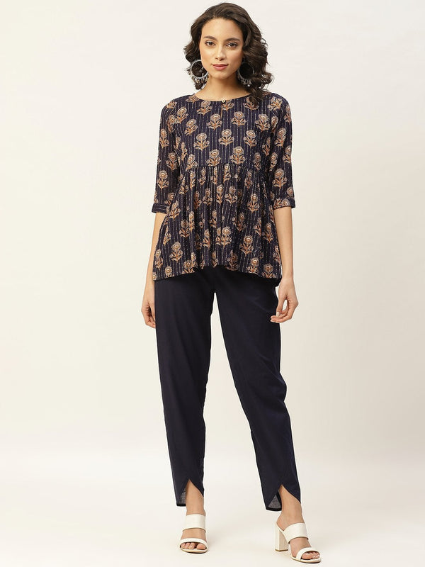 Women's Navy Lurex Floral Peplum Top With Tulip Pants - SHAE