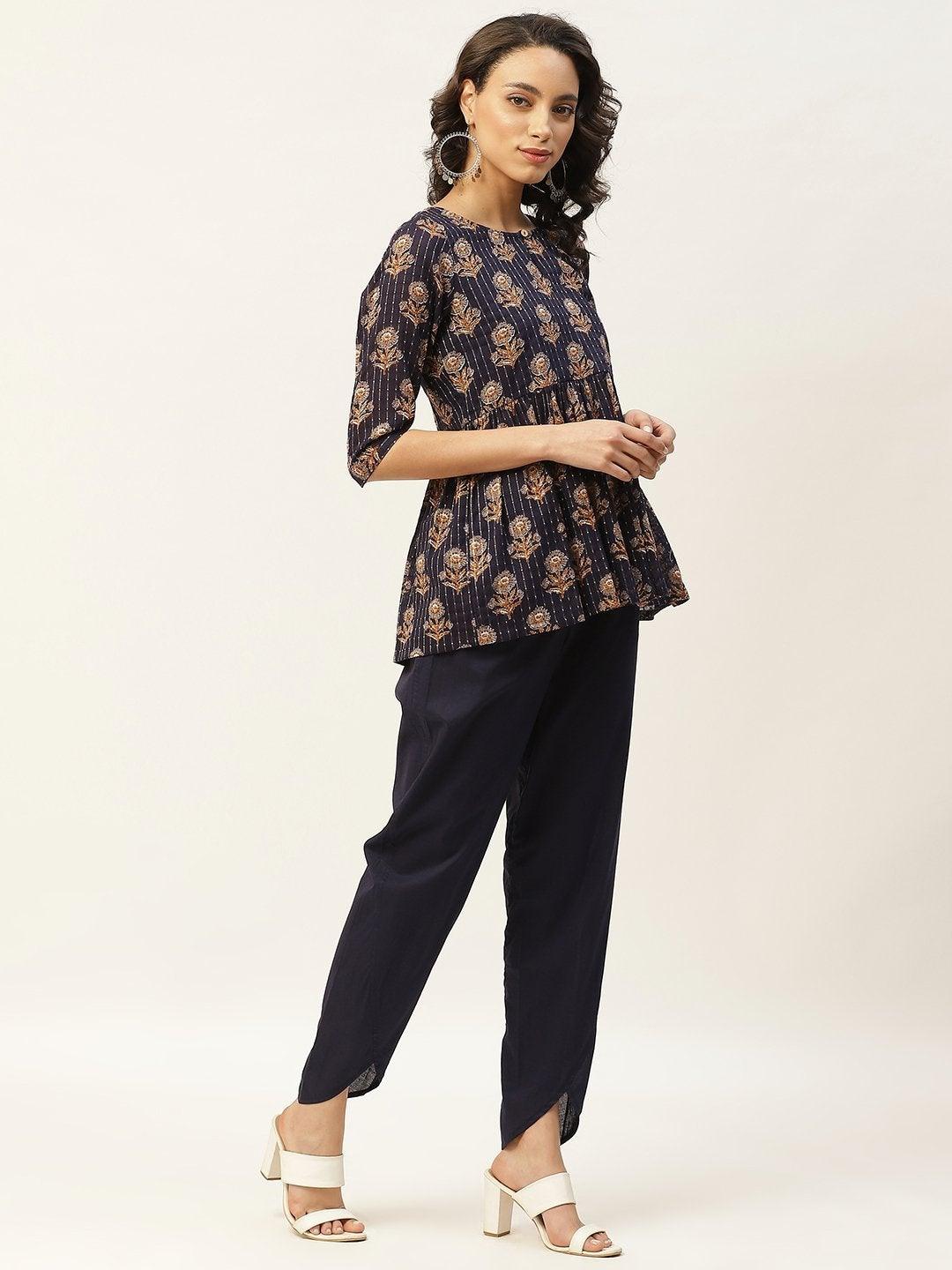 Women's Navy Lurex Floral Peplum Top With Tulip Pants - SHAE - Indiakreations