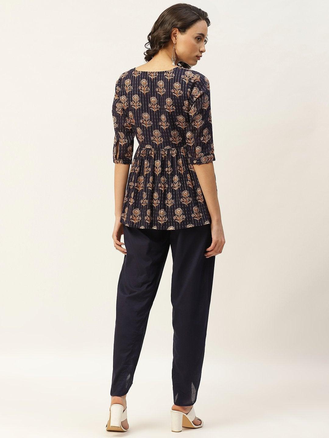 Women's Navy Lurex Floral Peplum Top With Tulip Pants - SHAE - Indiakreations