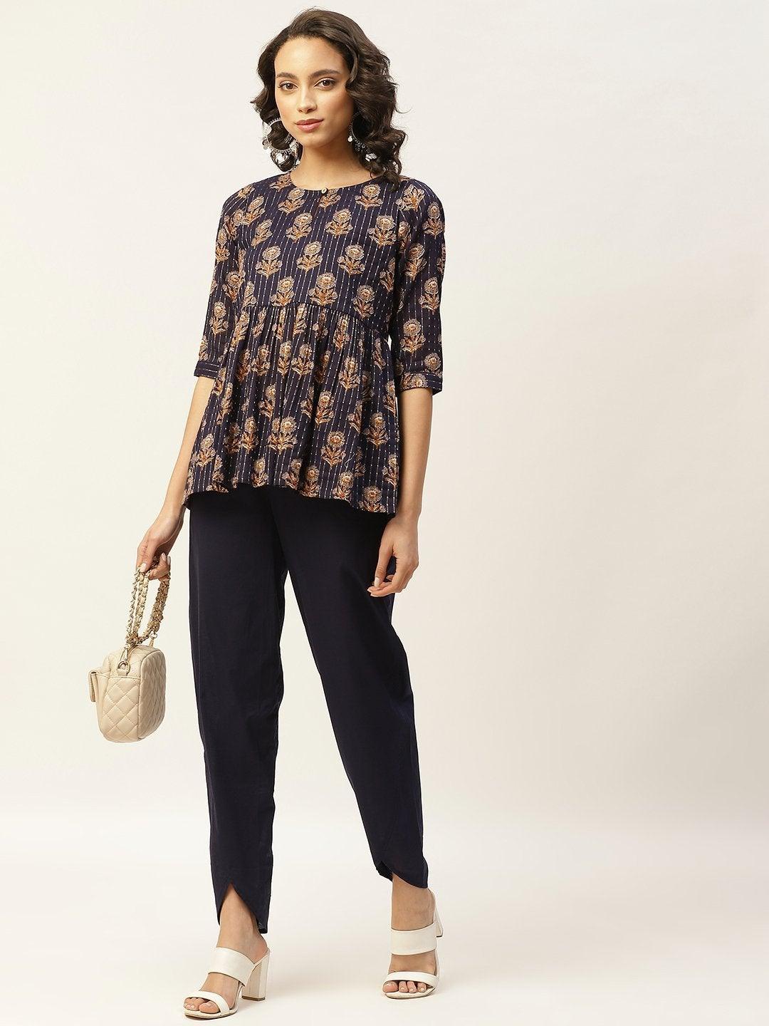 Women's Navy Lurex Floral Peplum Top With Tulip Pants - SHAE - Indiakreations