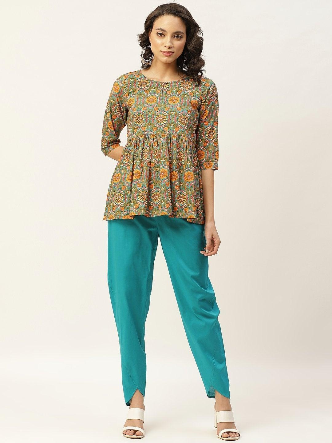 Women's Teal Floral Peplum Top With Tulip Pants - SHAE - Indiakreations