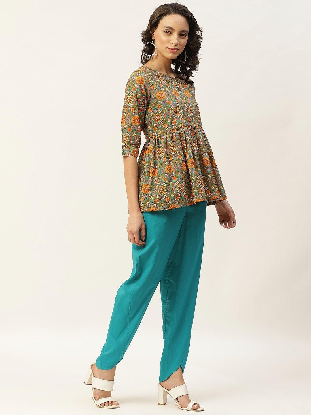 Women's Teal Floral Peplum Top With Tulip Pants - SHAE - Indiakreations