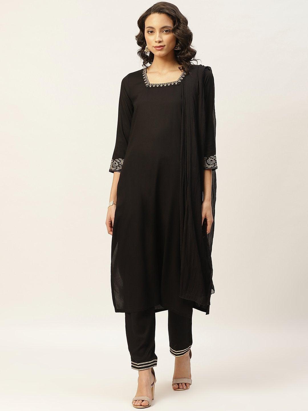 Women's Black Zari Floral Embroidery Kurta With Pants & Chiffon Dupatta - SHAE - Indiakreations