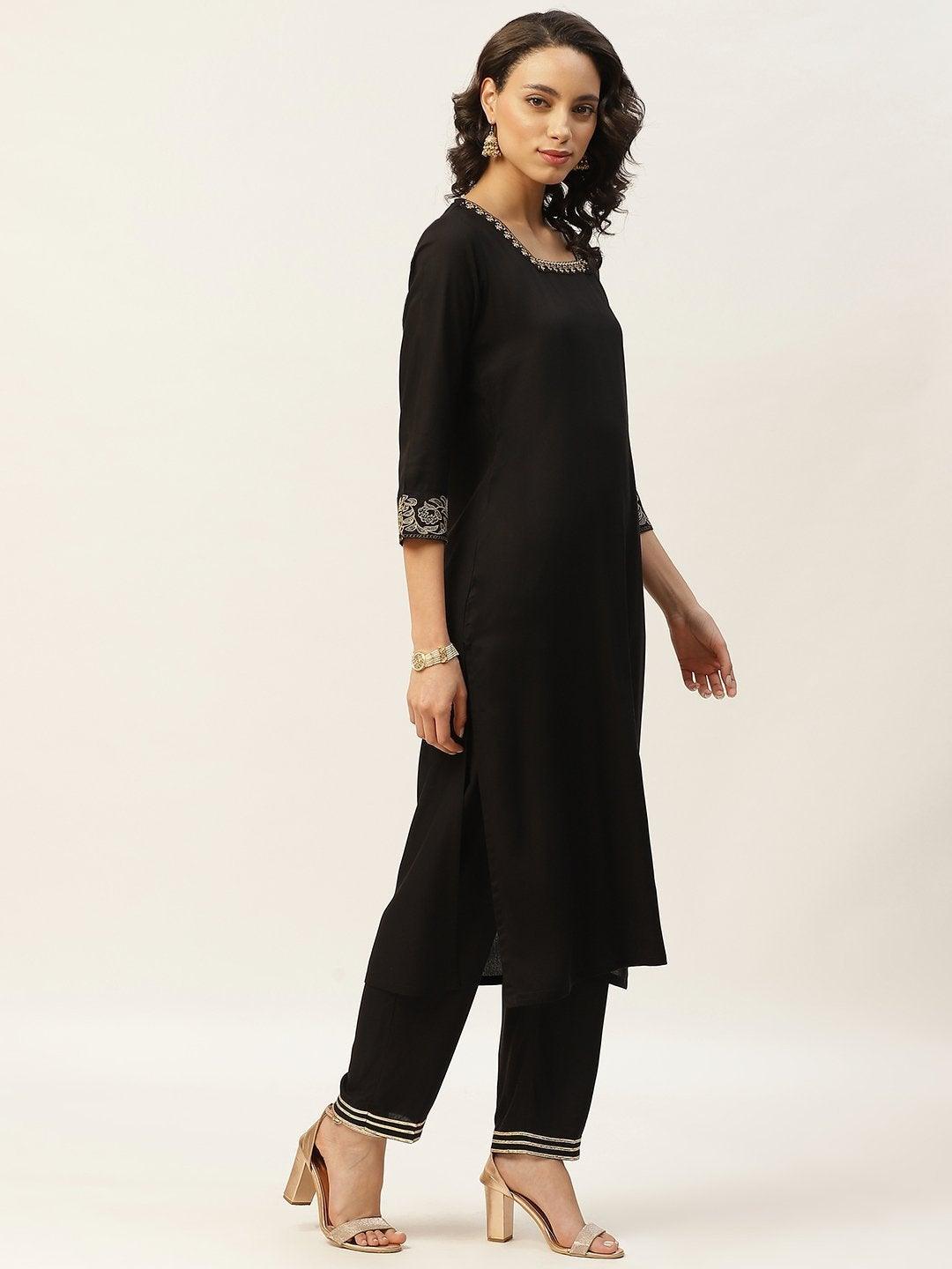 Women's Black Zari Floral Embroidery Kurta With Pants & Chiffon Dupatta - SHAE - Indiakreations