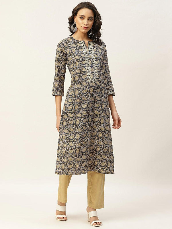 Women's Blue Paisely Zari Embroidery Kurta With Straight Pants - SHAE - Indiakreations