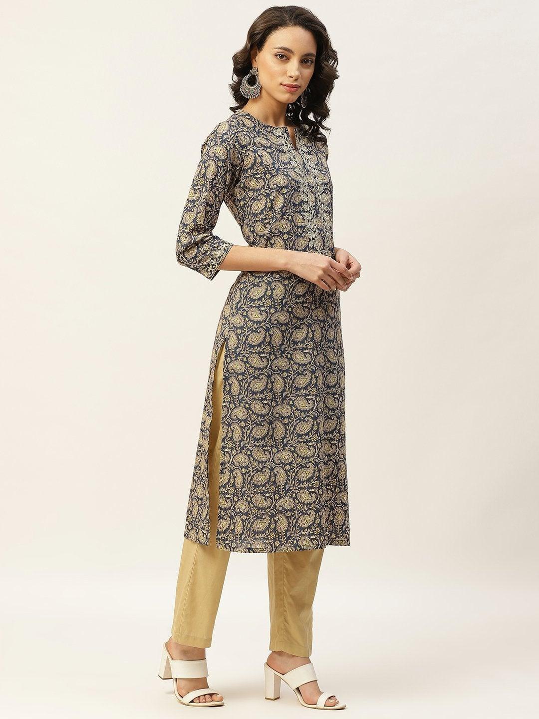 Women's Blue Paisely Zari Embroidery Kurta With Straight Pants - SHAE - Indiakreations