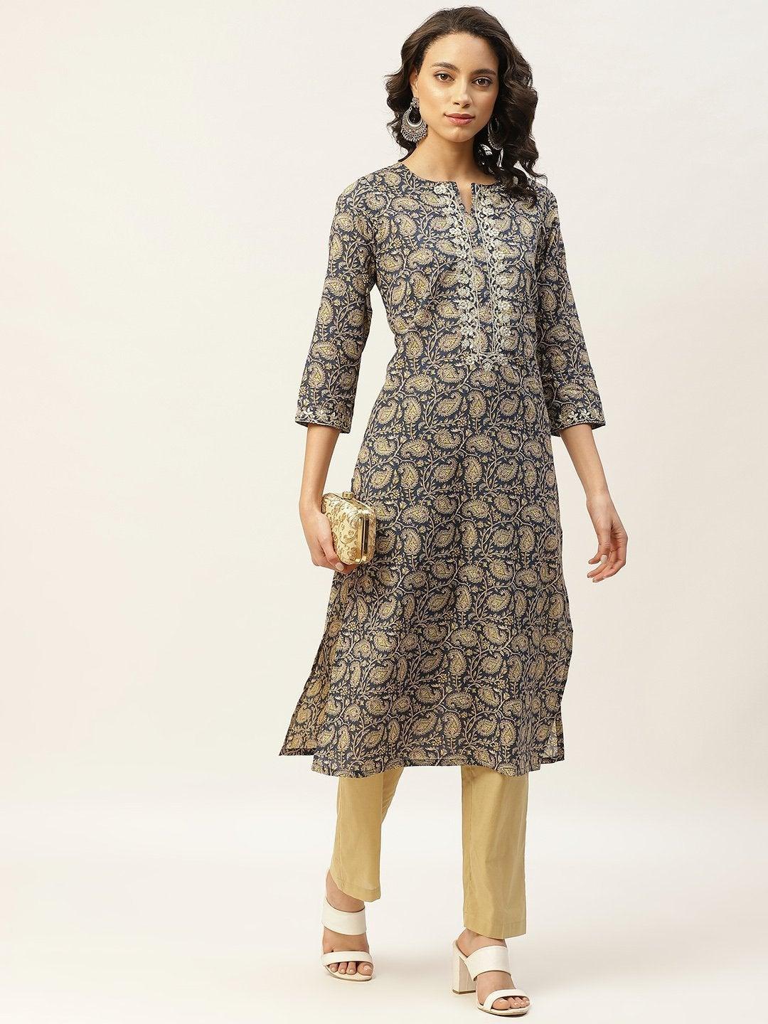 Women's Blue Paisely Zari Embroidery Kurta With Straight Pants - SHAE - Indiakreations