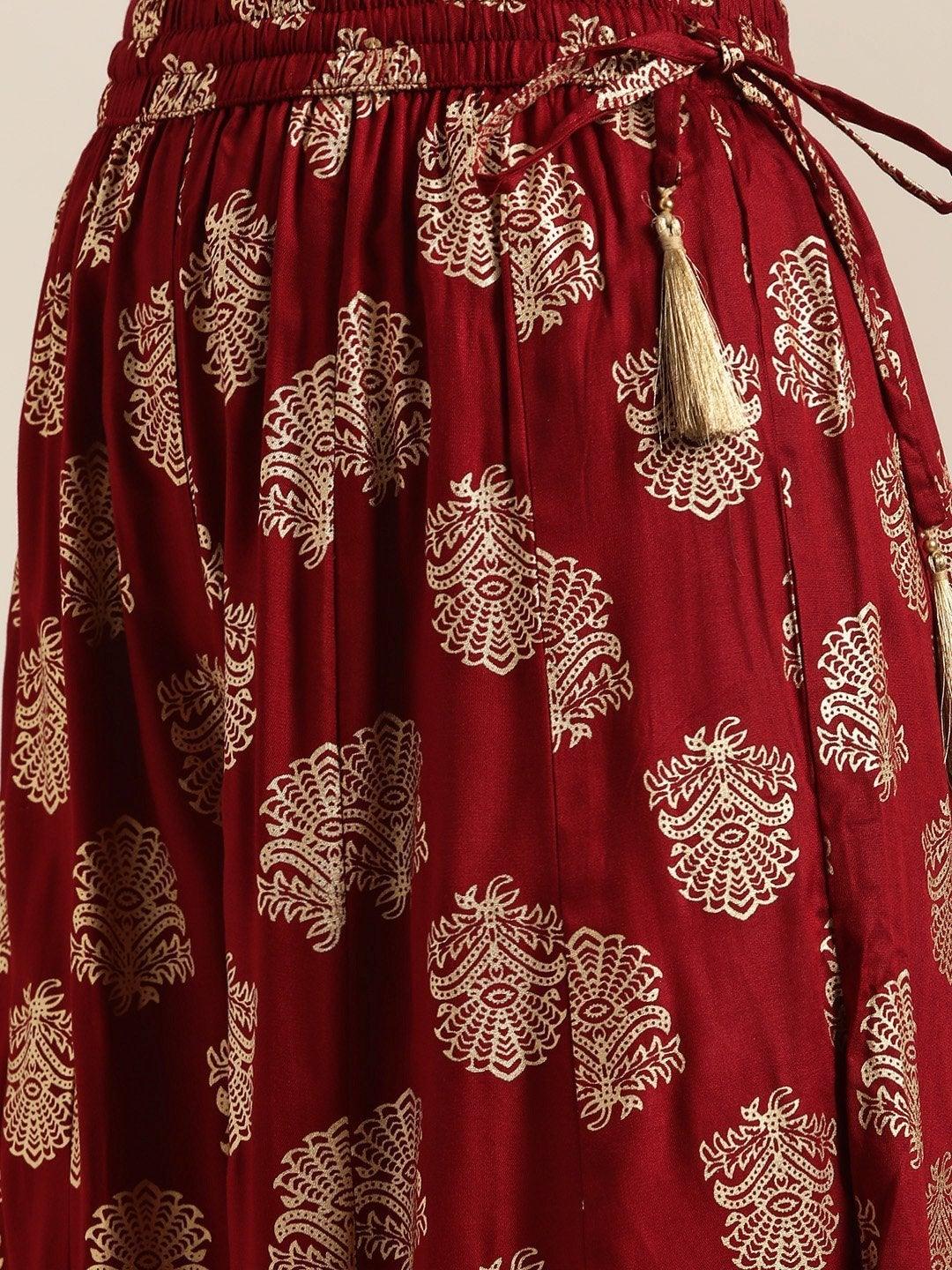 Women's Maroon Foil Short Tunic With Kali Palazzo - SHAE - Indiakreations