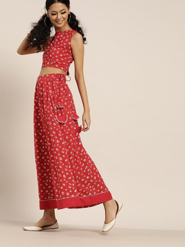 Women's Red Bandhej Sleeveless Crop Top With Anarkali Skirt - SHAE