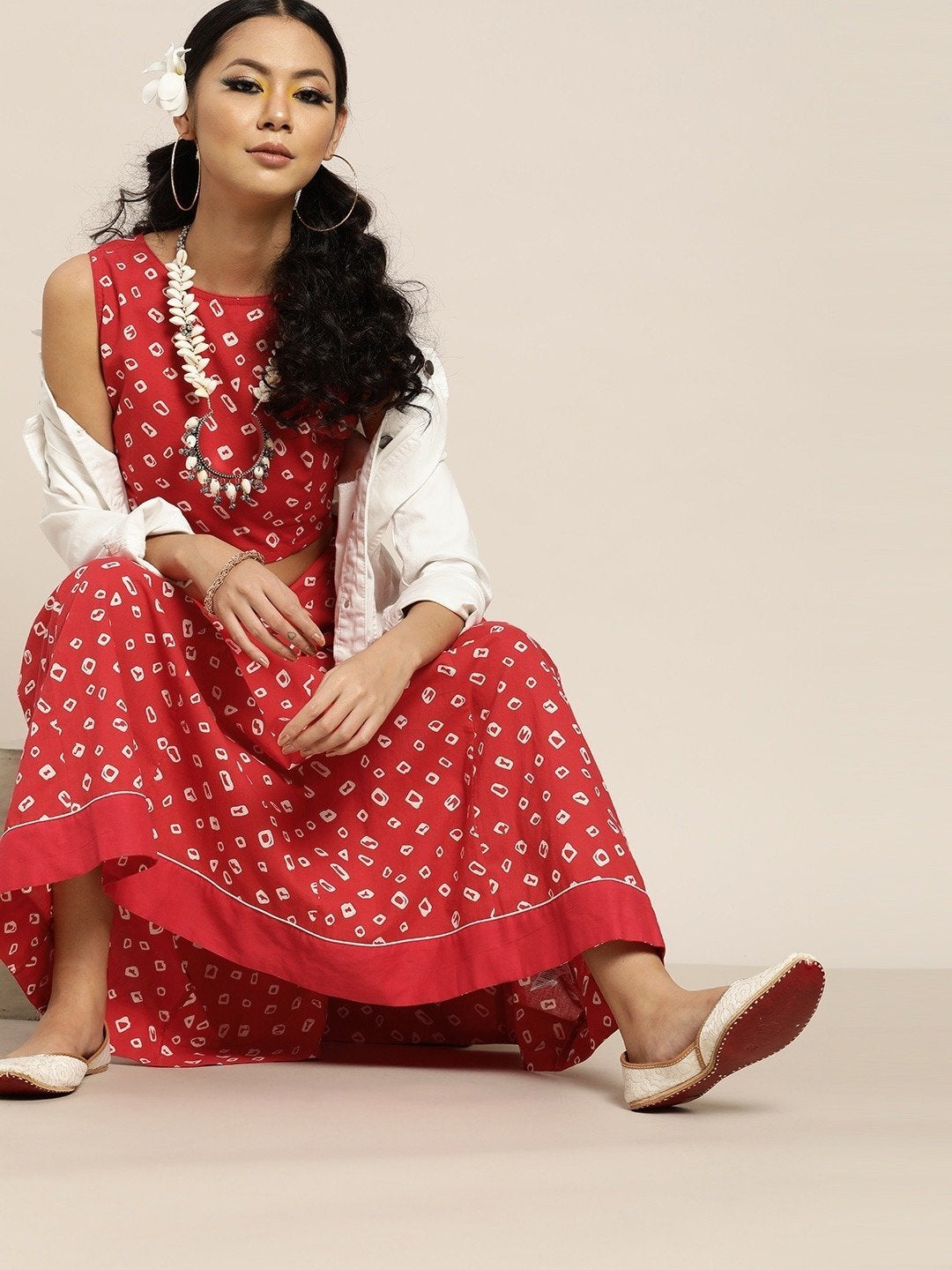 Women's Red Bandhej Sleeveless Crop Top With Anarkali Skirt - SHAE - Indiakreations