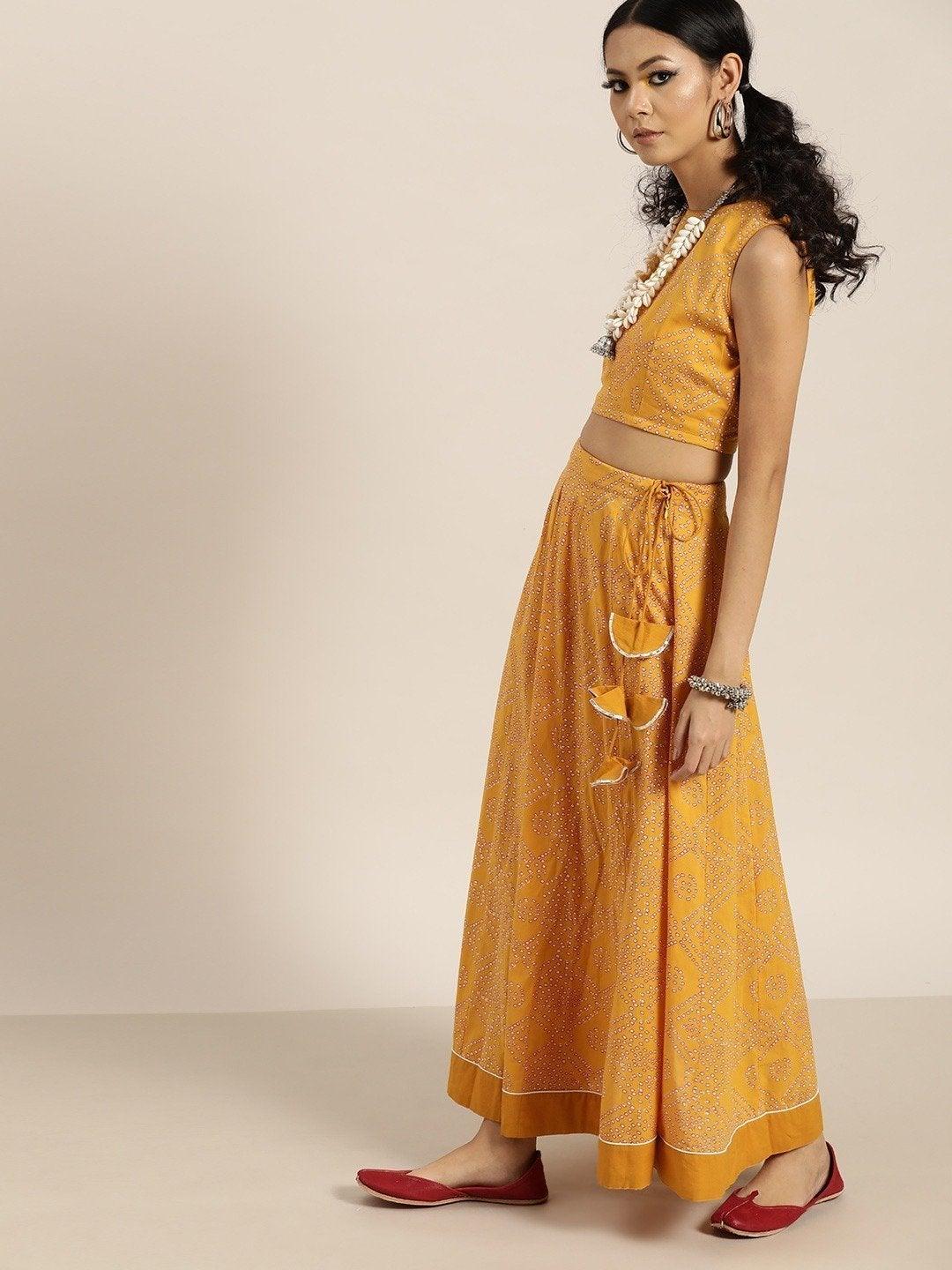 Women's Mustard Bandhej Sleeveless Crop Top With Anarkali Skirt - SHAE - Indiakreations