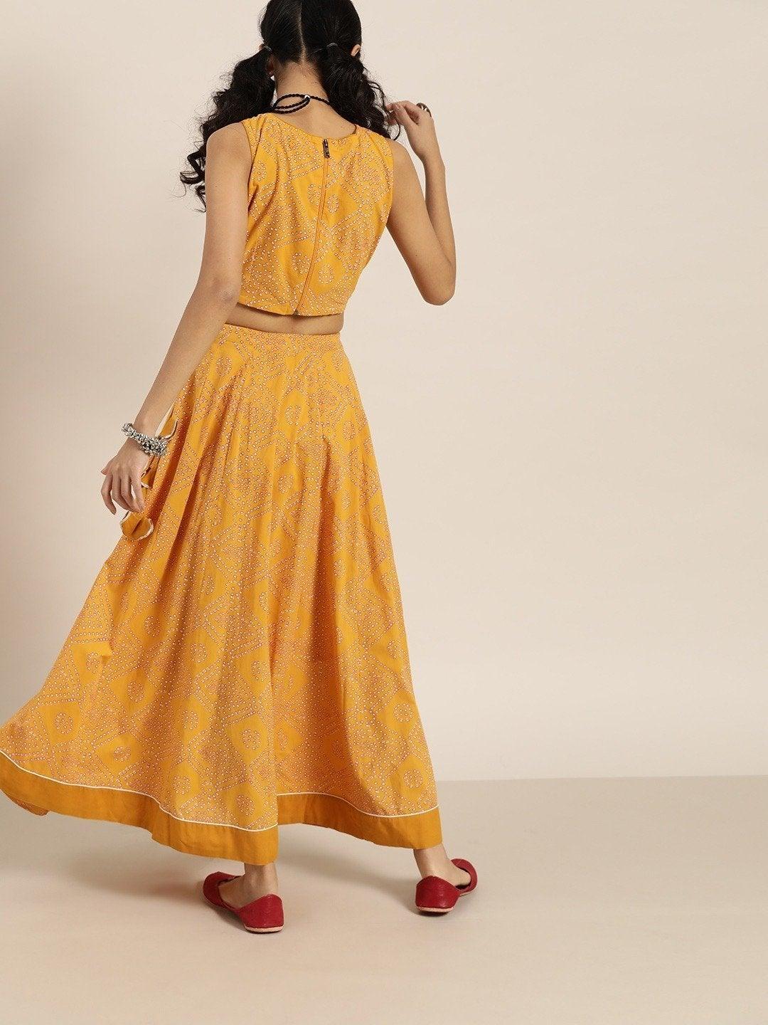 Women's Mustard Bandhej Sleeveless Crop Top With Anarkali Skirt - SHAE - Indiakreations