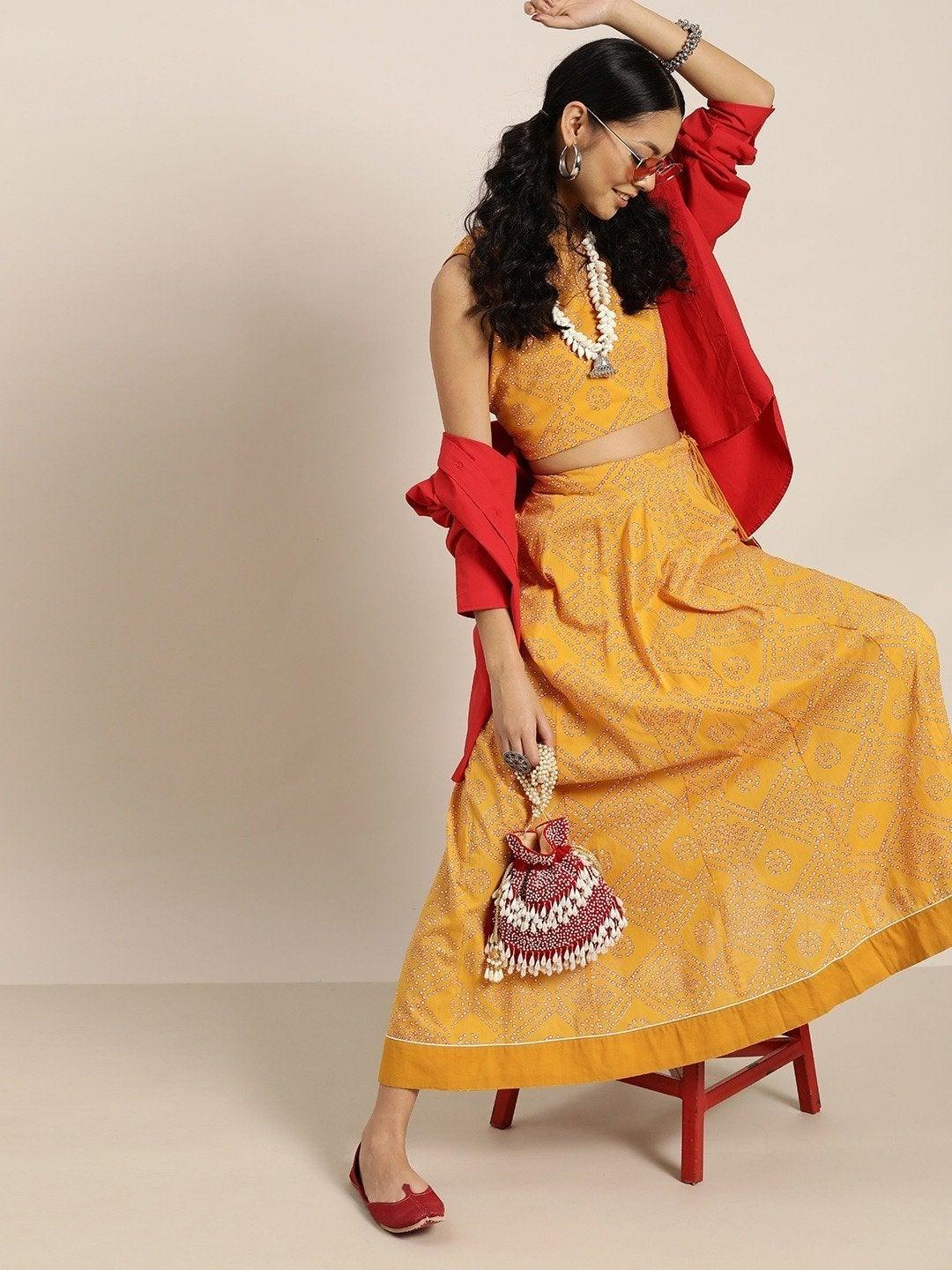 Women's Mustard Bandhej Sleeveless Crop Top With Anarkali Skirt - SHAE - Indiakreations