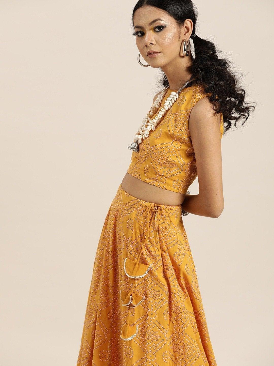 Women's Mustard Bandhej Sleeveless Crop Top With Anarkali Skirt - SHAE - Indiakreations