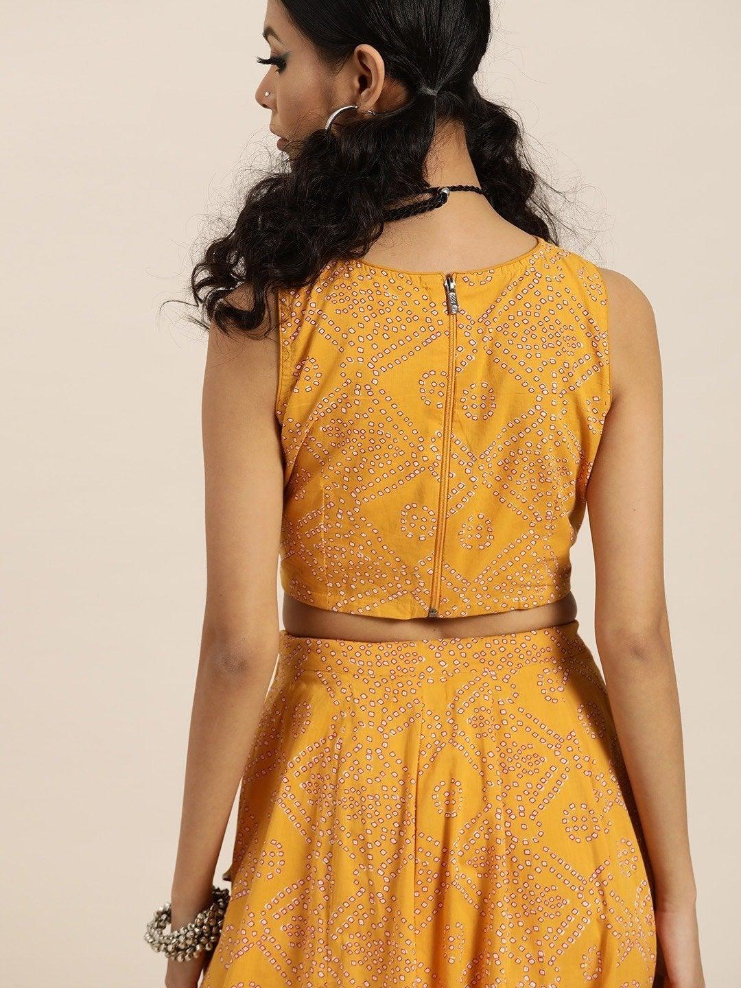 Women's Mustard Bandhej Sleeveless Crop Top With Anarkali Skirt - SHAE - Indiakreations