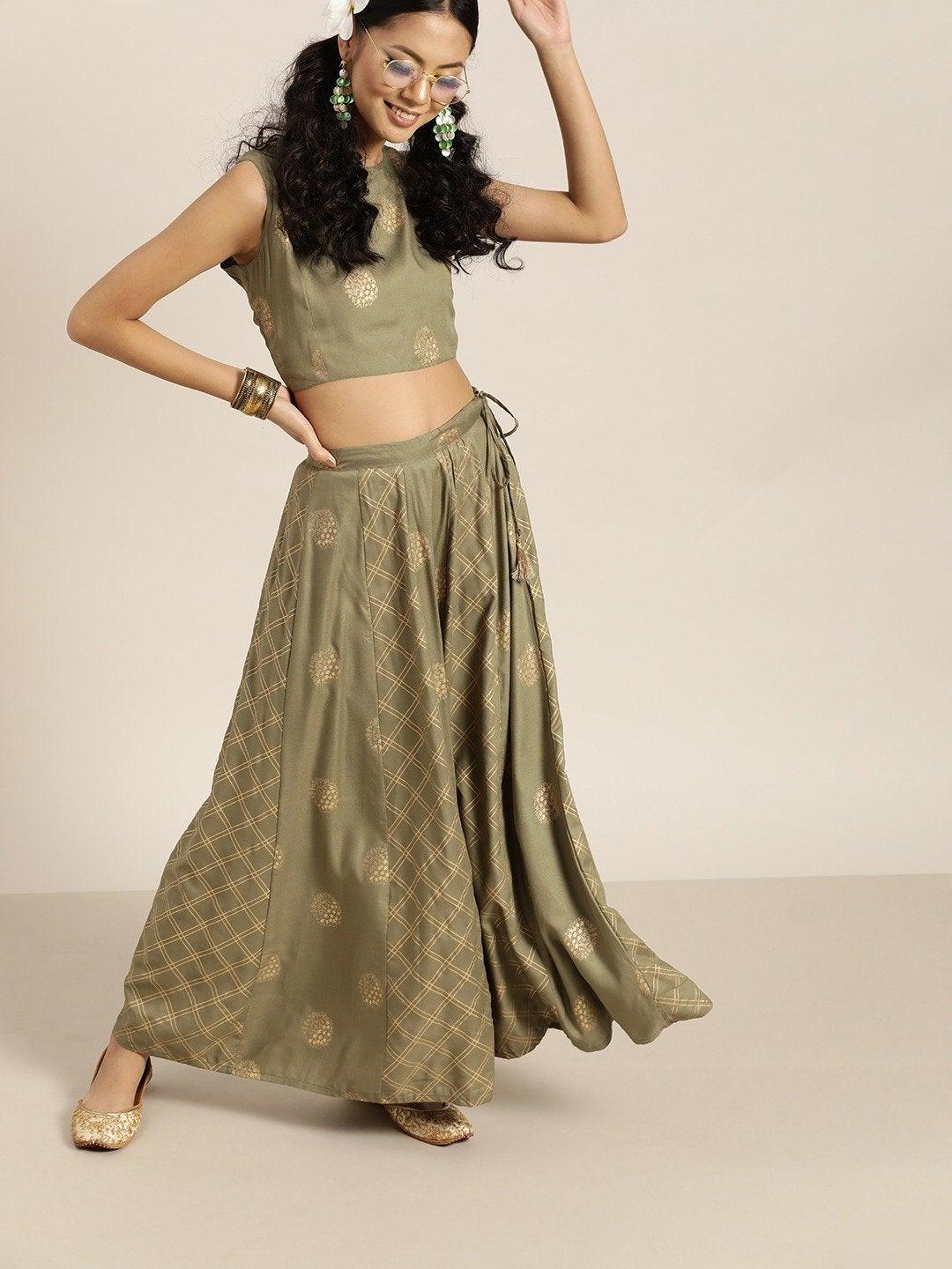 Women's Olive Sleevelesss Crop Top With Anarkali Skirt - SHAE - Indiakreations