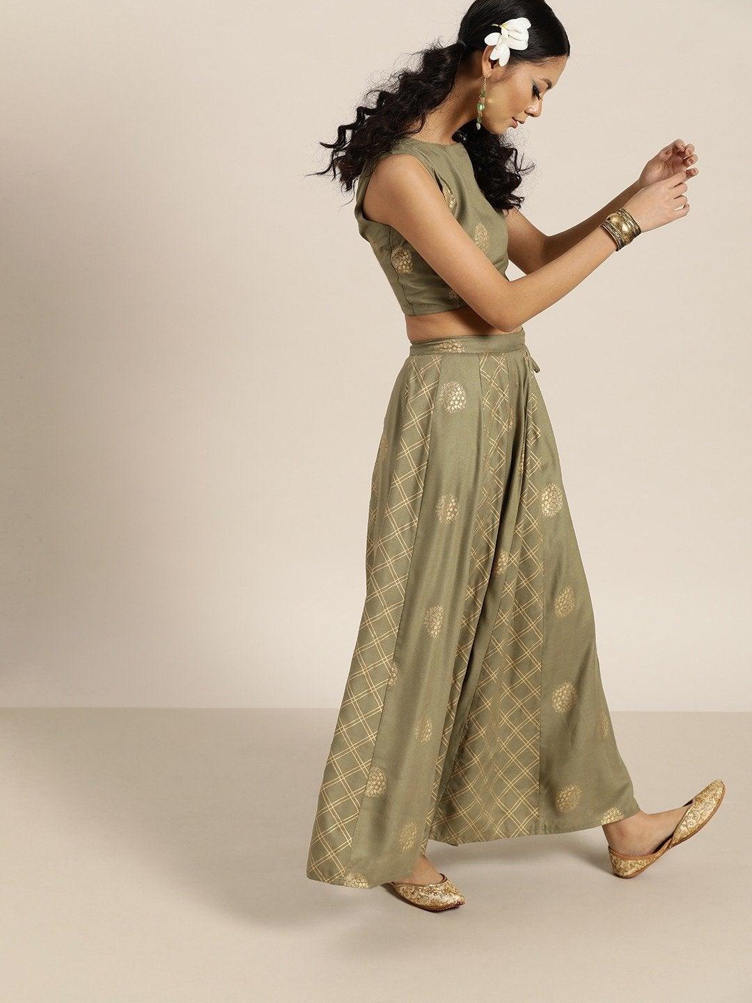 Women's Olive Sleevelesss Crop Top With Anarkali Skirt - SHAE - Indiakreations