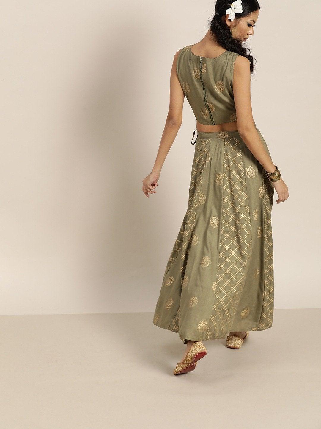 Women's Olive Sleevelesss Crop Top With Anarkali Skirt - SHAE - Indiakreations