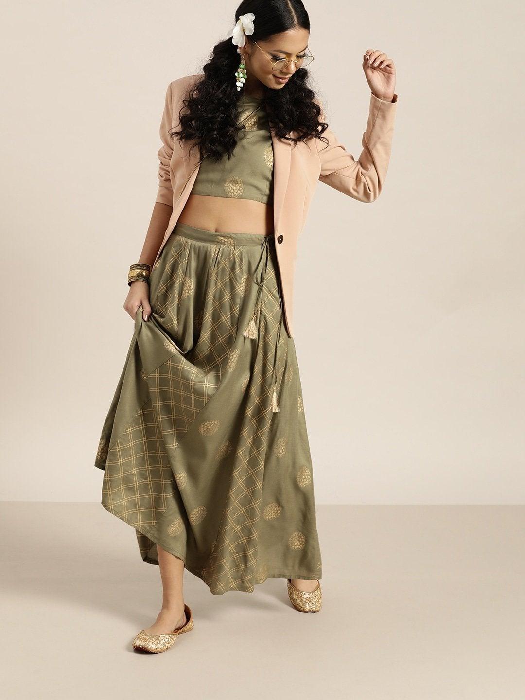 Women's Olive Sleevelesss Crop Top With Anarkali Skirt - SHAE - Indiakreations