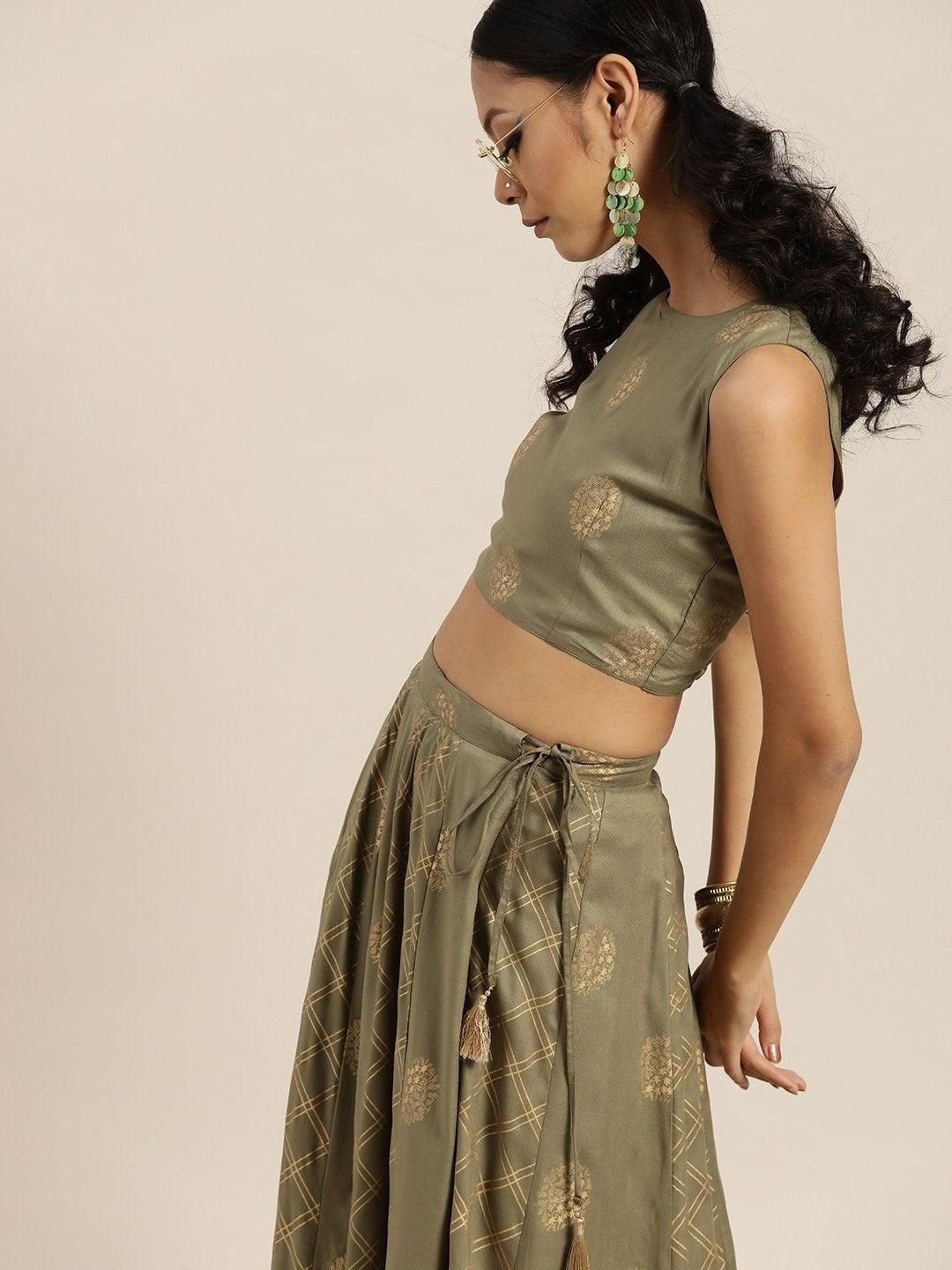 Women's Olive Sleevelesss Crop Top With Anarkali Skirt - SHAE - Indiakreations