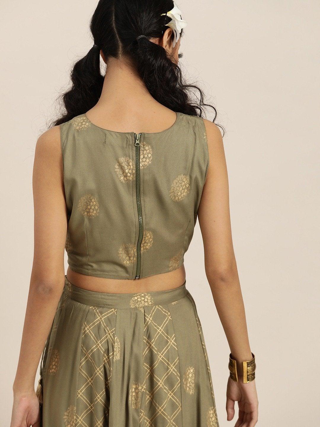 Women's Olive Sleevelesss Crop Top With Anarkali Skirt - SHAE - Indiakreations