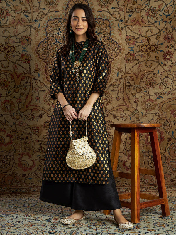 Women's Black Floral Brocade Kurta With Palazzo Pants - Lyush