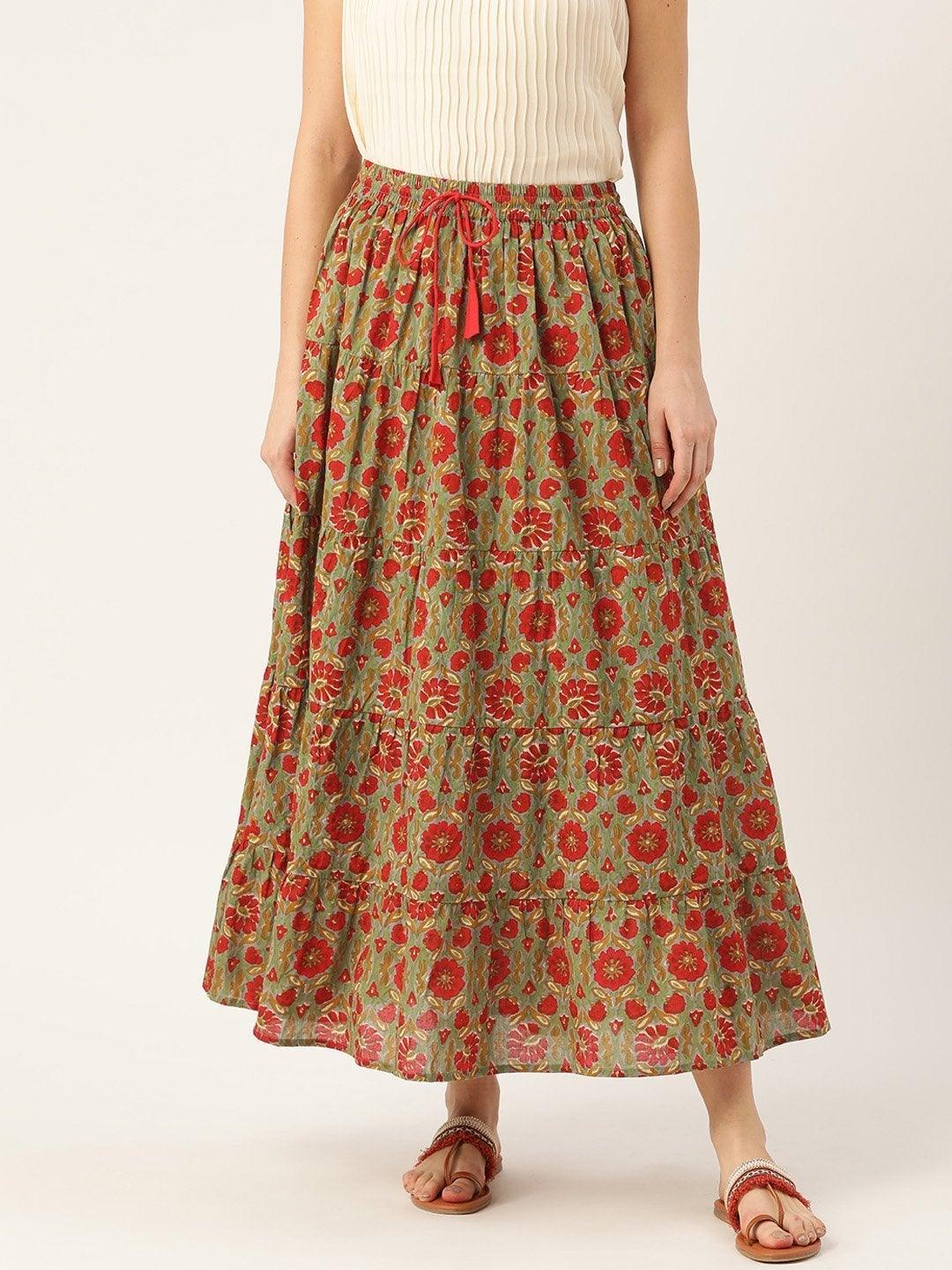 Women's Grey Floral Tiered Skirt - SASSAFRAS - Indiakreations