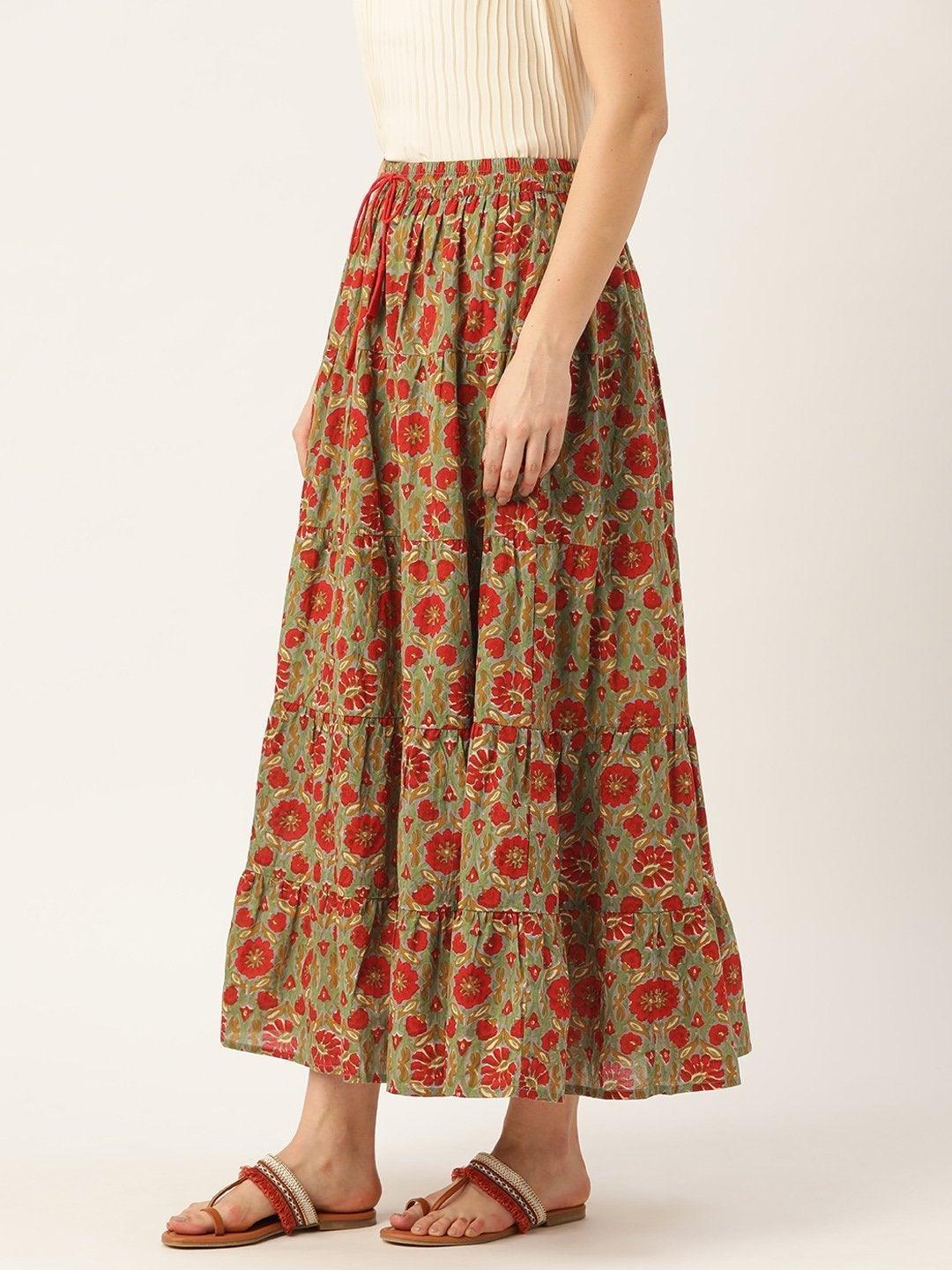 Women's Grey Floral Tiered Skirt - SASSAFRAS - Indiakreations