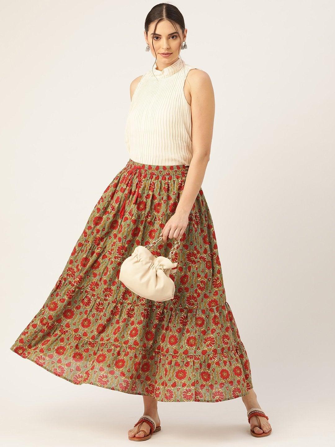 Women's Grey Floral Tiered Skirt - SASSAFRAS - Indiakreations