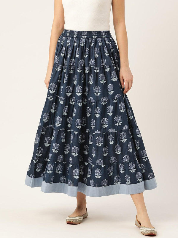 Women's Navy Lotus Floral Contrast Border Tiered Skirt - SASSAFRAS - Indiakreations