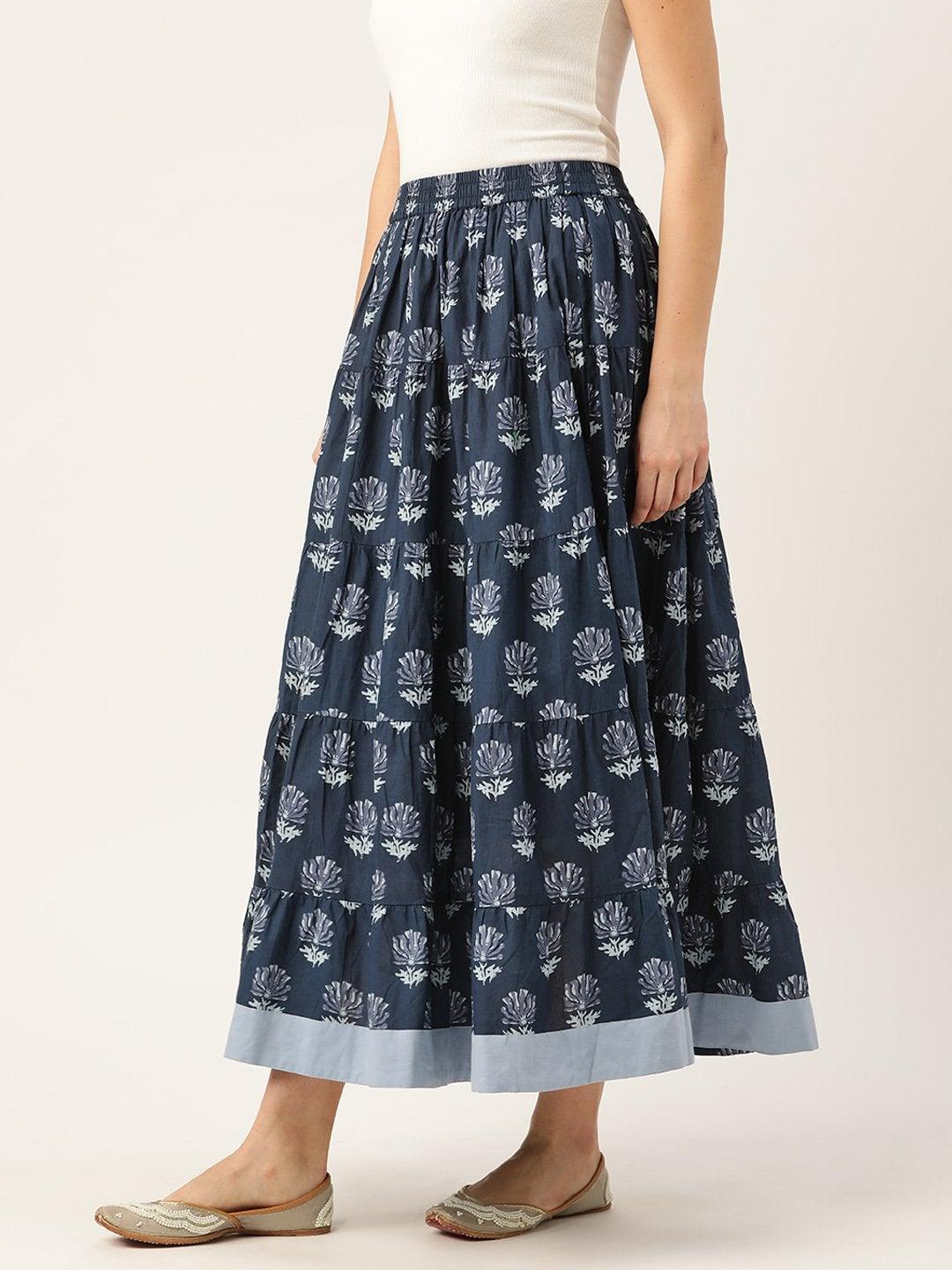 Women's Navy Lotus Floral Contrast Border Tiered Skirt - SASSAFRAS - Indiakreations