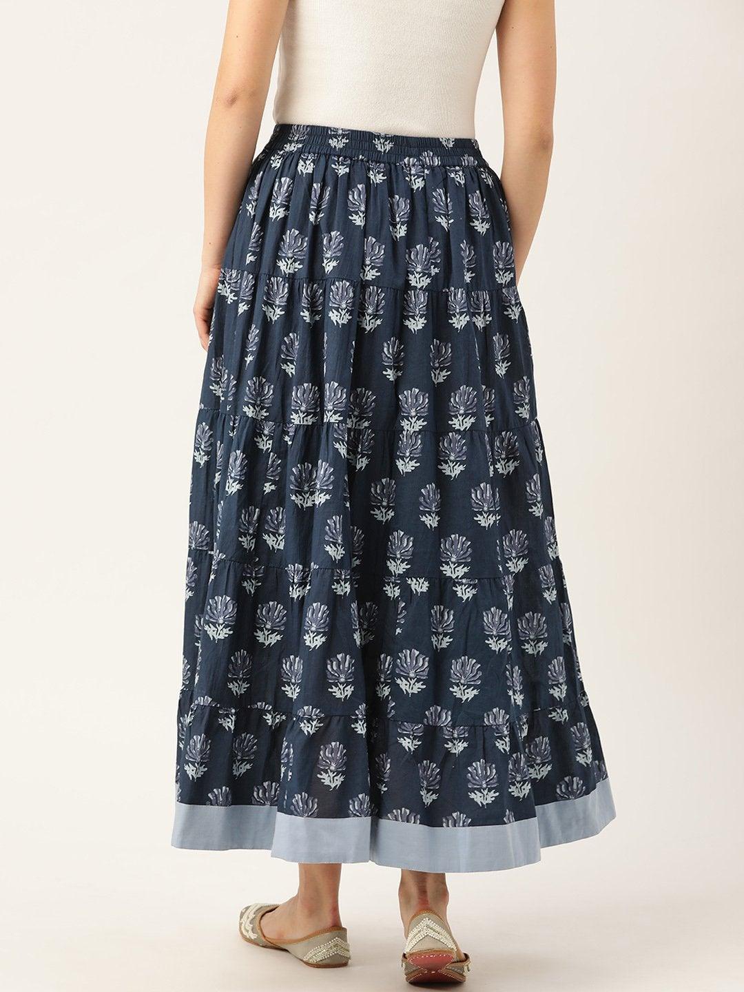 Women's Navy Lotus Floral Contrast Border Tiered Skirt - SASSAFRAS - Indiakreations