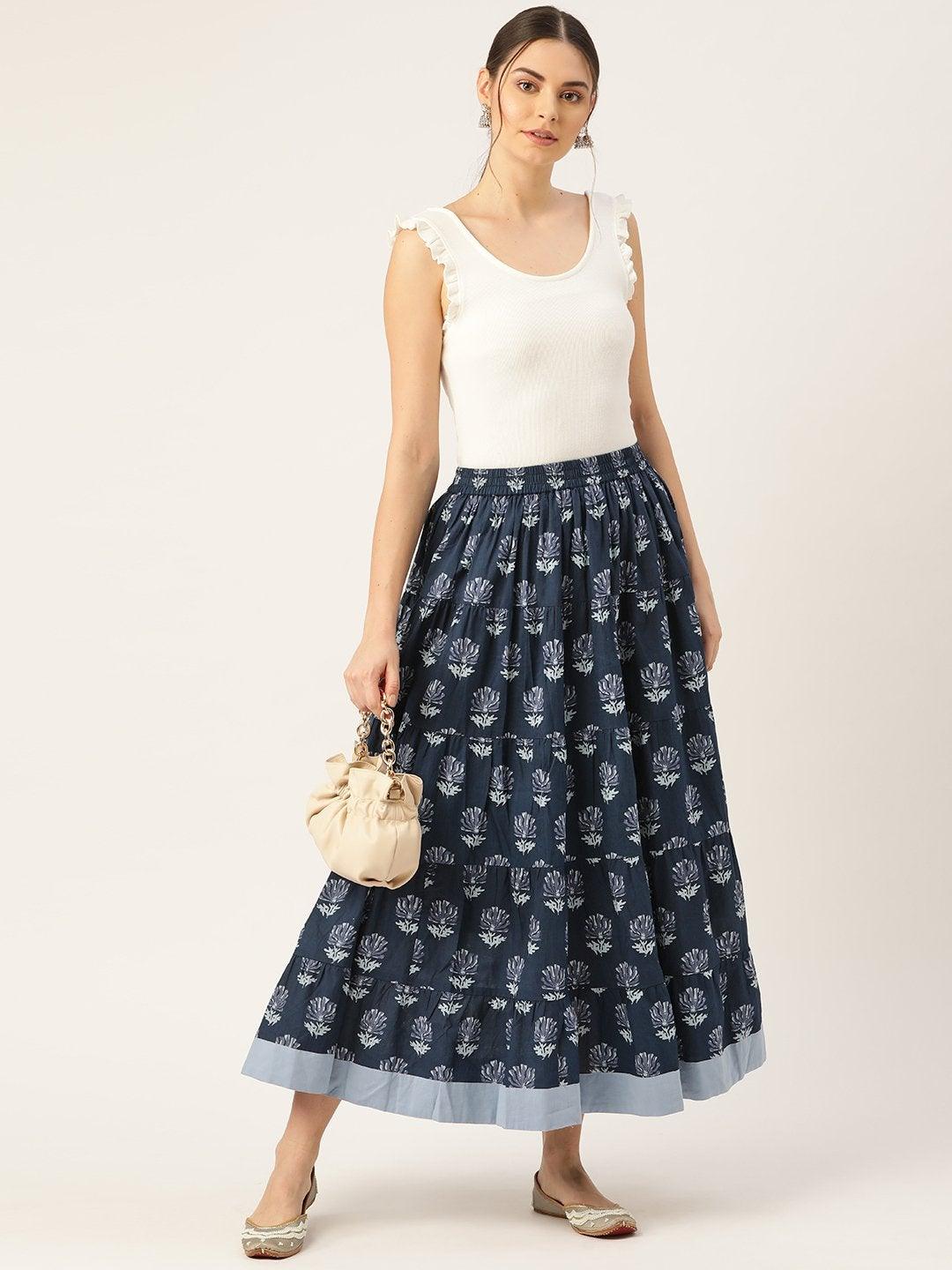 Women's Navy Lotus Floral Contrast Border Tiered Skirt - SASSAFRAS - Indiakreations