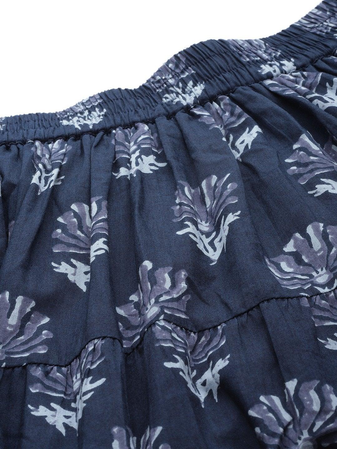 Women's Navy Lotus Floral Contrast Border Tiered Skirt - SASSAFRAS - Indiakreations