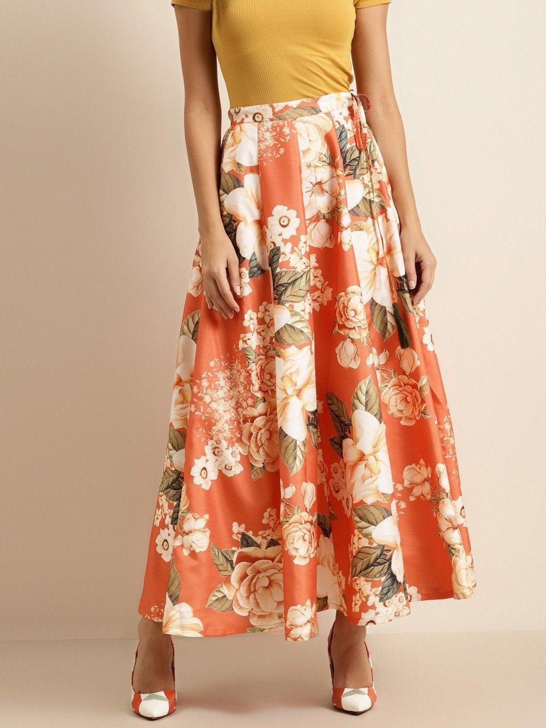 Women's Orange Floral Anarkali Skirt - SHAE - Indiakreations