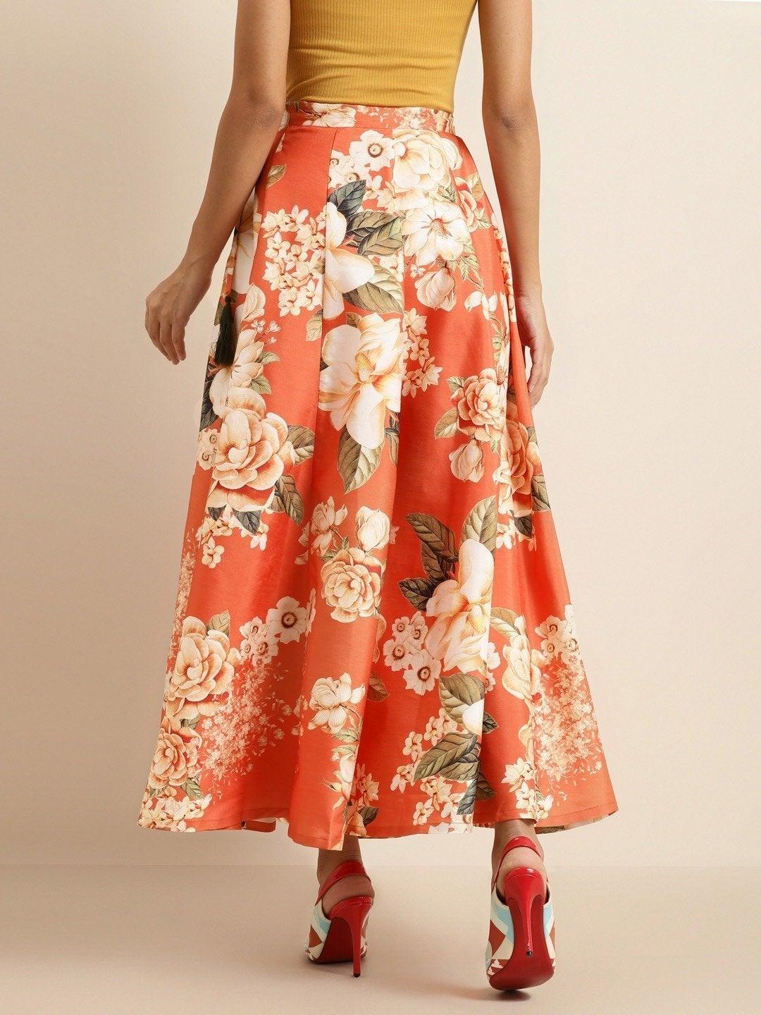 Women's Orange Floral Anarkali Skirt - SHAE - Indiakreations