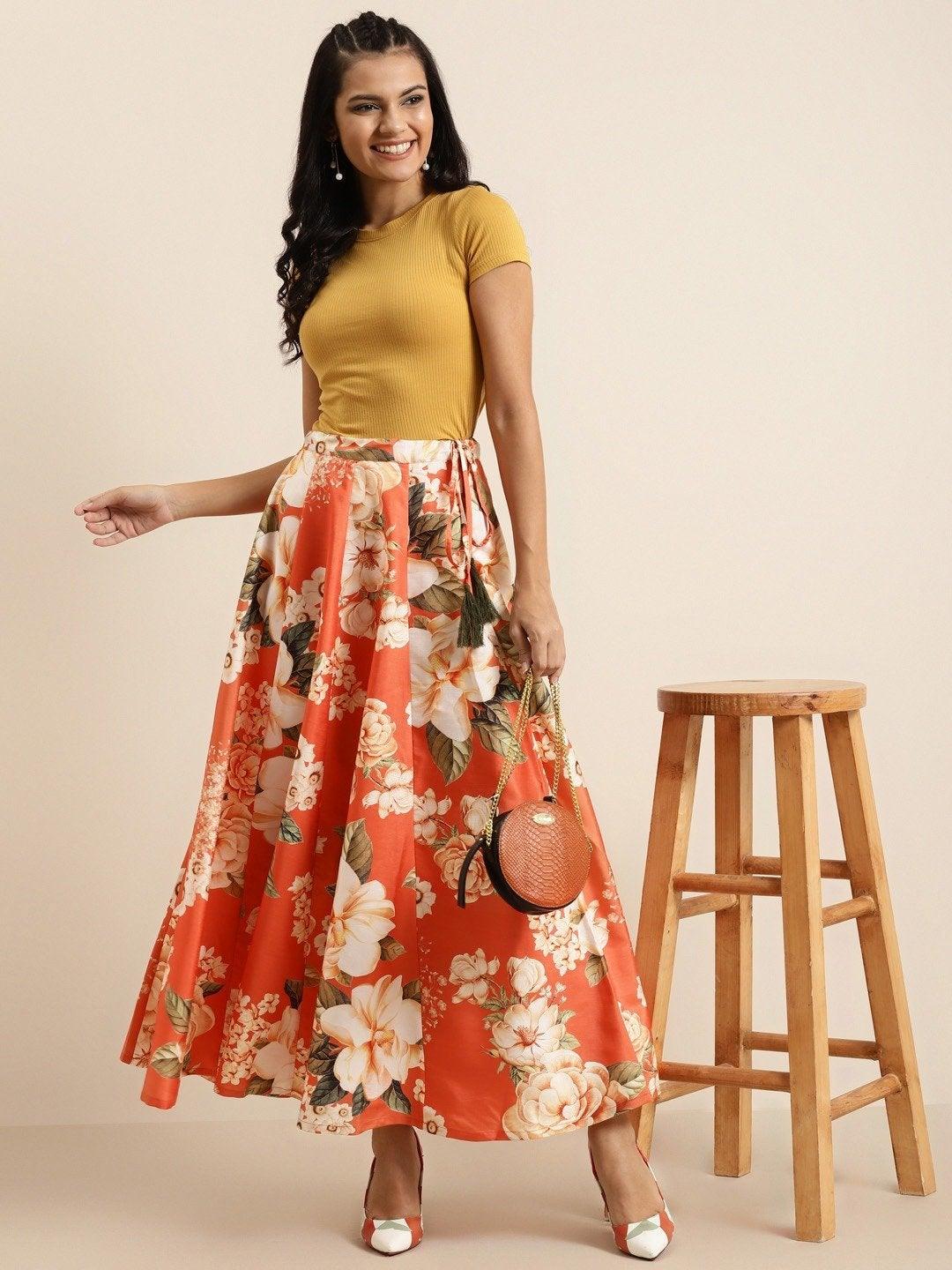 Women's Orange Floral Anarkali Skirt - SHAE - Indiakreations