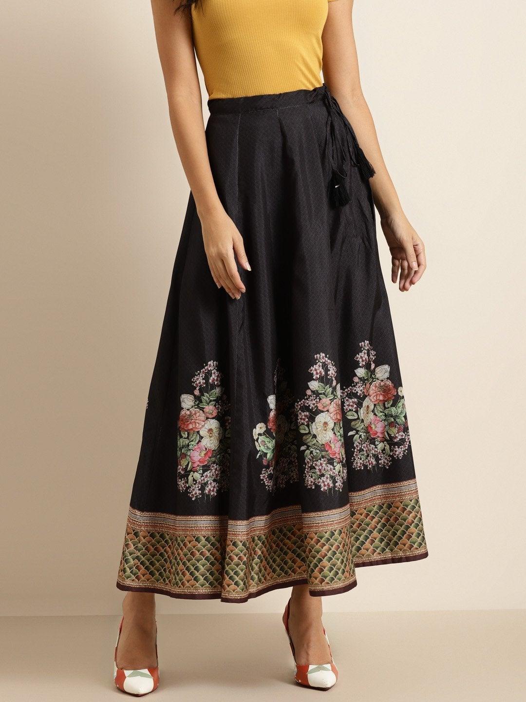 Women's Black Floral Kali Skirt - SHAE - Indiakreations